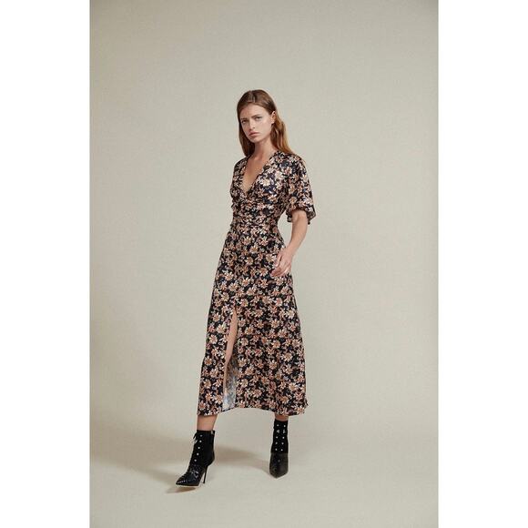 Acler Tippet Satin Flutter Sleeve Dark Floral Midi Dress Feminine Spring 8 - Picture 1 of 12